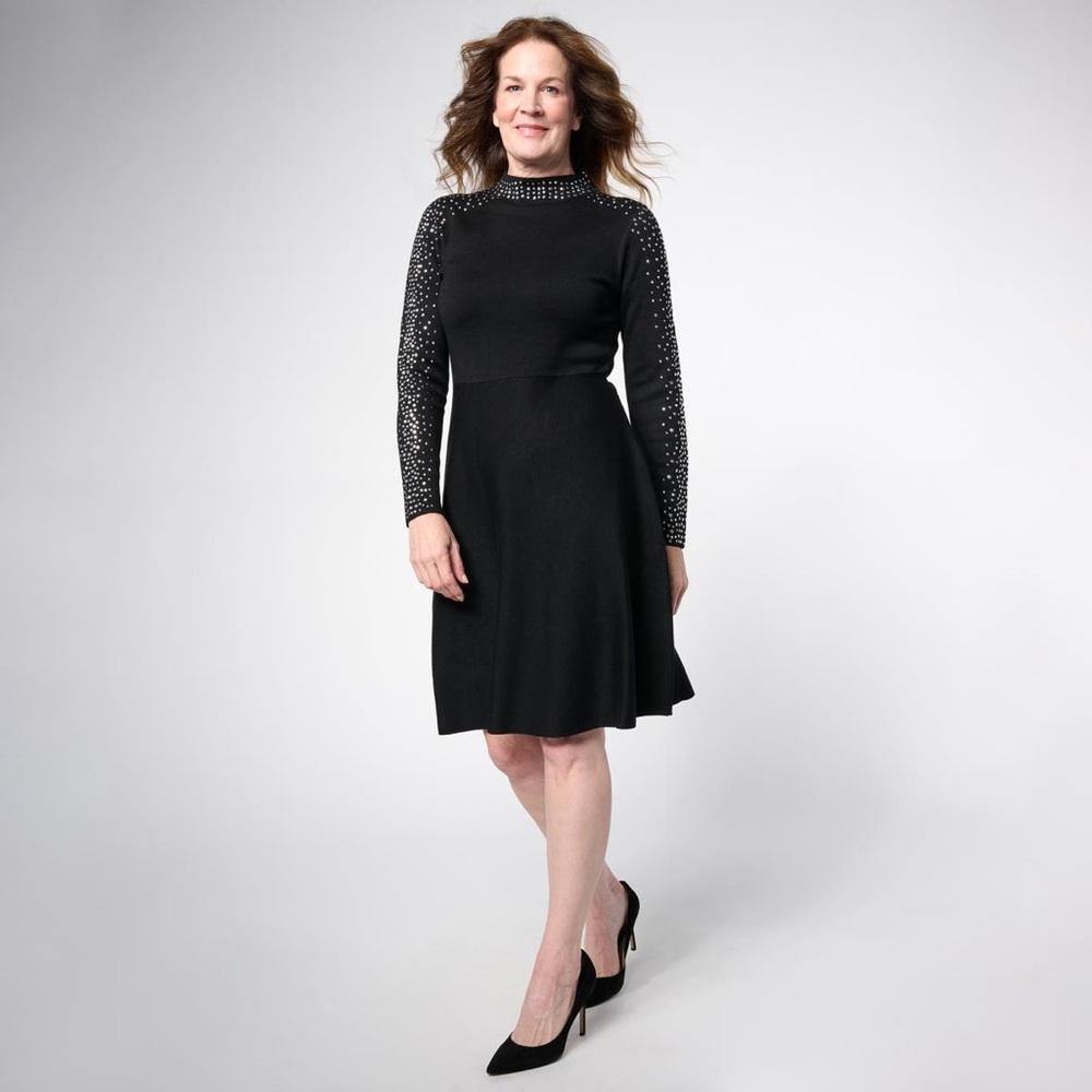 Nina Leonard Black Long-Sleeve Knit Dress with Studded Sleeves